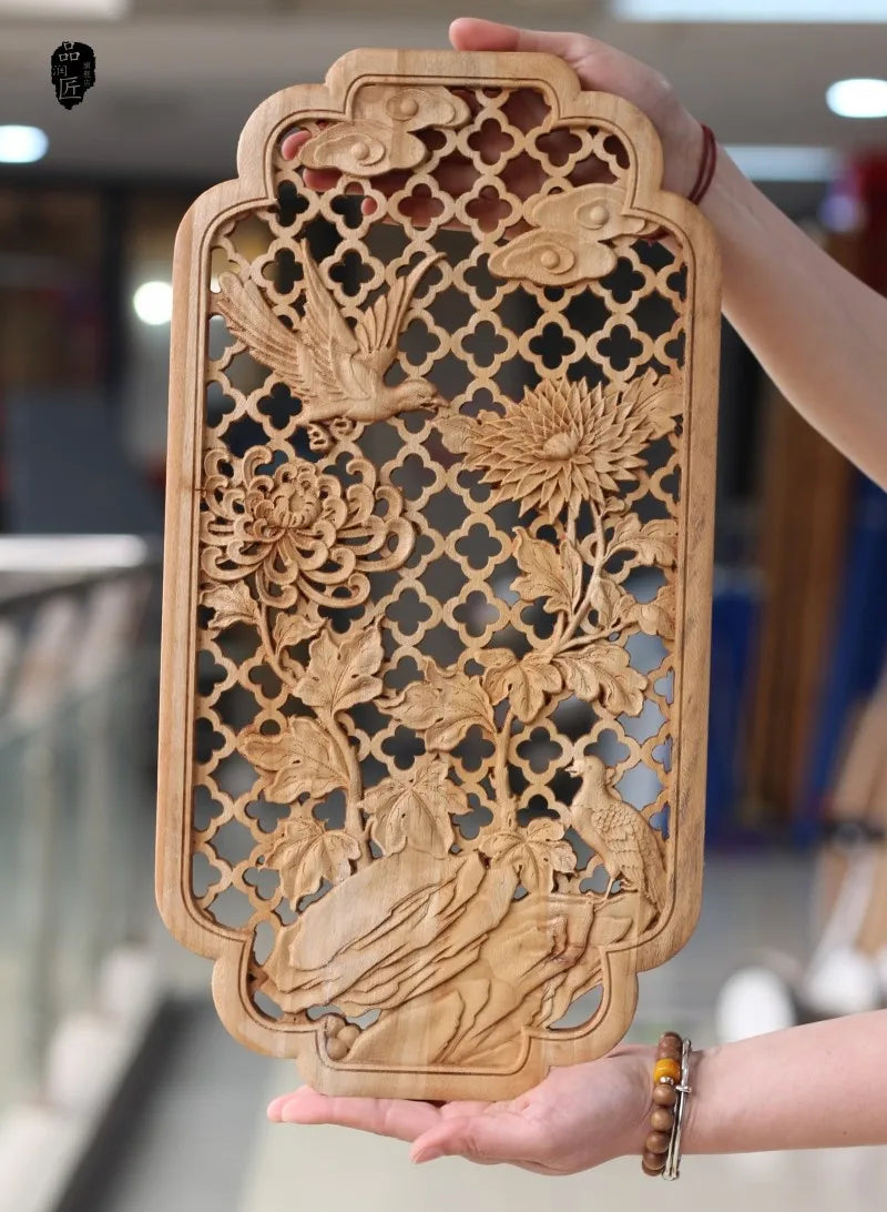 Chinese classical hollow wood carving crafts camphor wall hanging background home decoration height 35cm