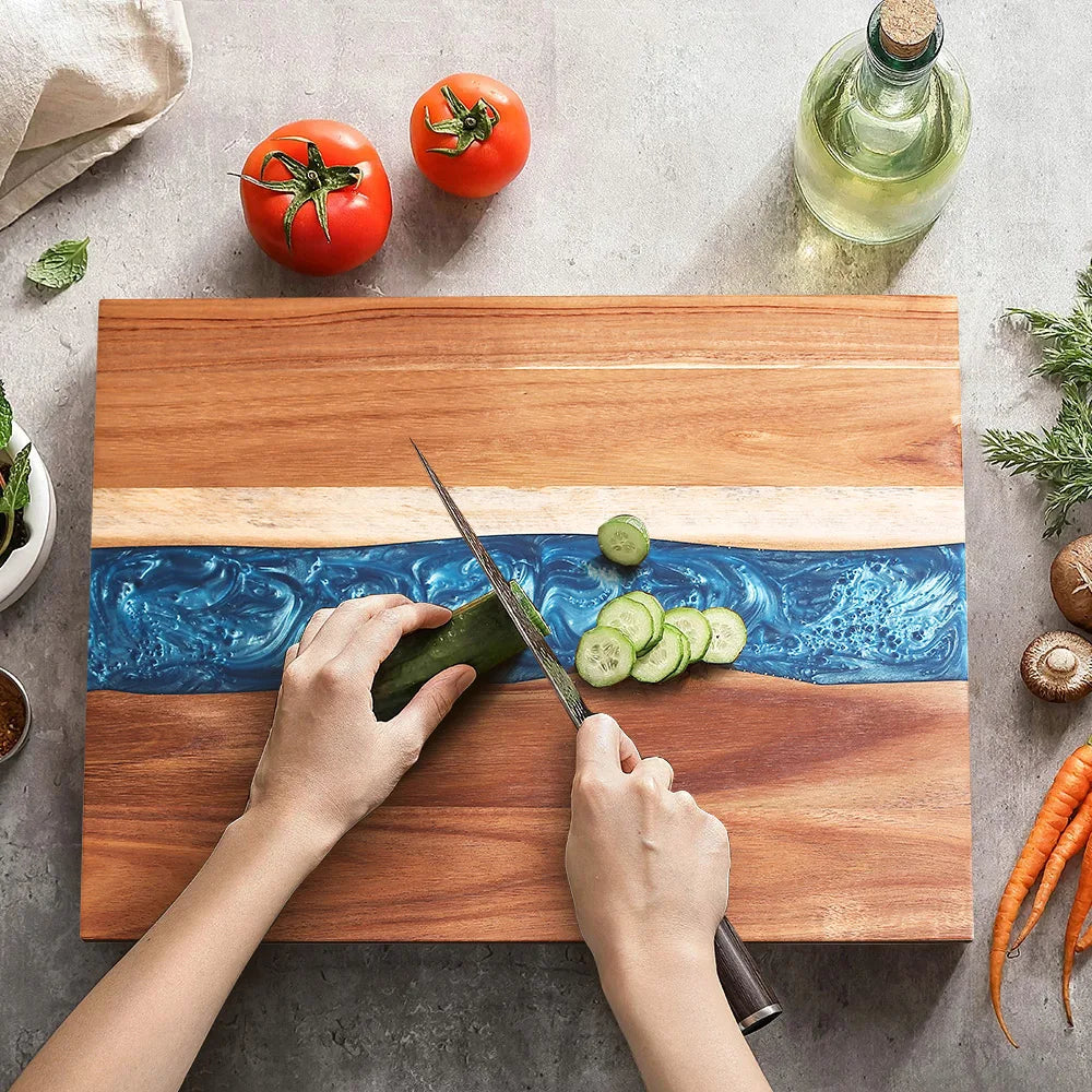 Acacia wood resin cutting board kitchen meal prep household fruit meat vegetable tray cheese wooden double-sided - blue