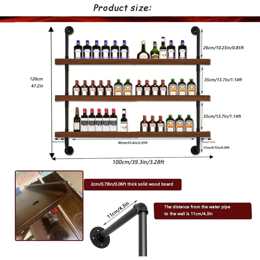 Large 3-tier wall-mounted solid wood wine rack with led lighting for liquor bottle display and storage - united states