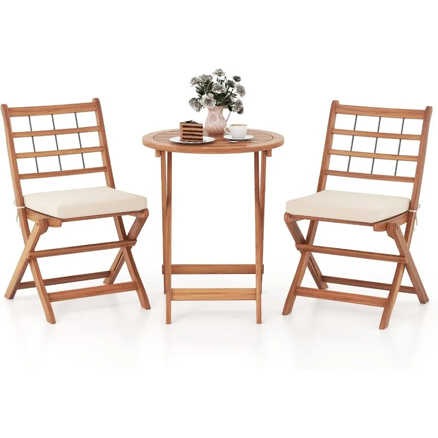 3 pieces acacia wood patio bistro set folding outdoor table and chairs with cushions furniture for porch - united states