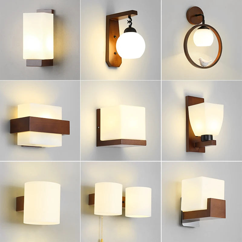 Walnut color wood wall lamp led e27 bulb bedroom bedside light for living room study stair corridor entrance indoor