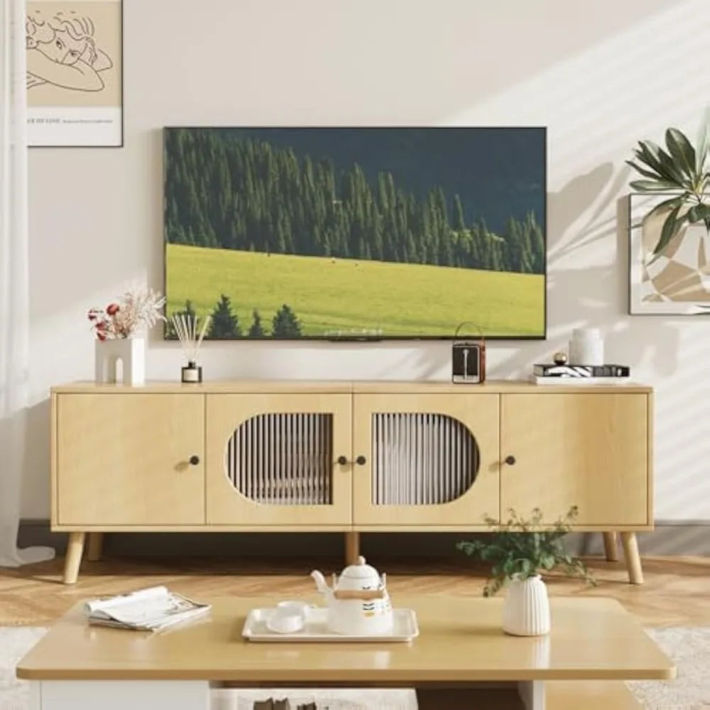 Tv stand for 55/60/65 inches wood media cabinet with glass doors entertainment center storage living room bed - united