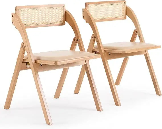 Wooden folding dining chairs set of 2 with rattan backrest and leather cushion armless beech wood frame for living room