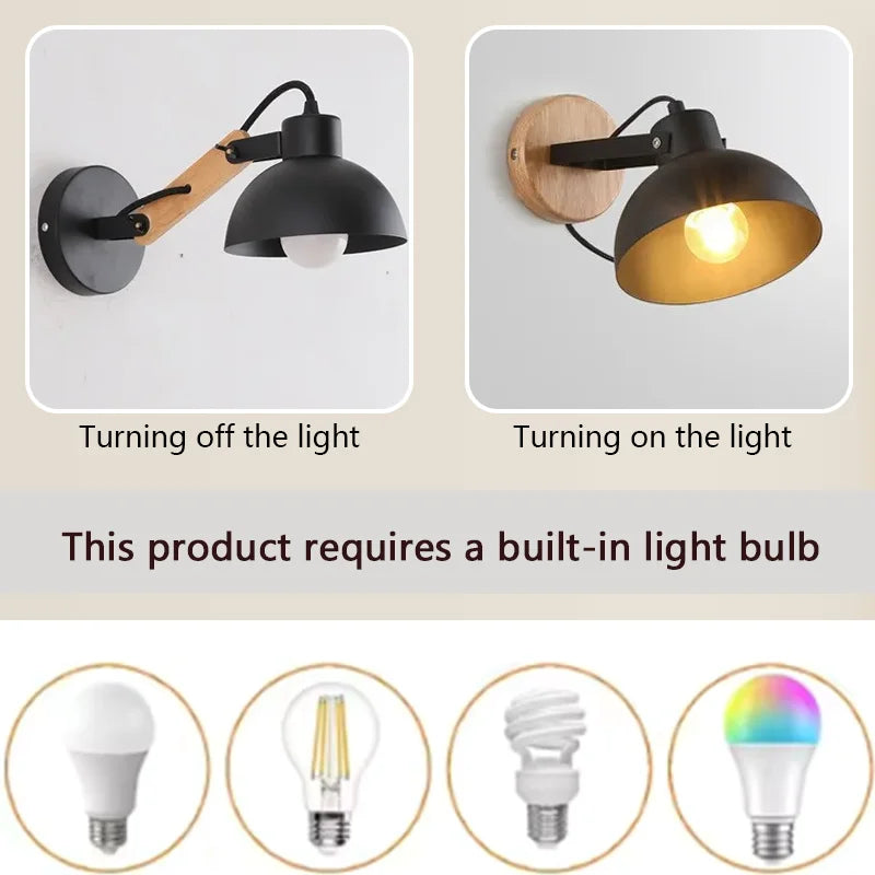 Minimalist bedside led adjustable wall lamp nordic iron wood light black with switch plug wall lights home