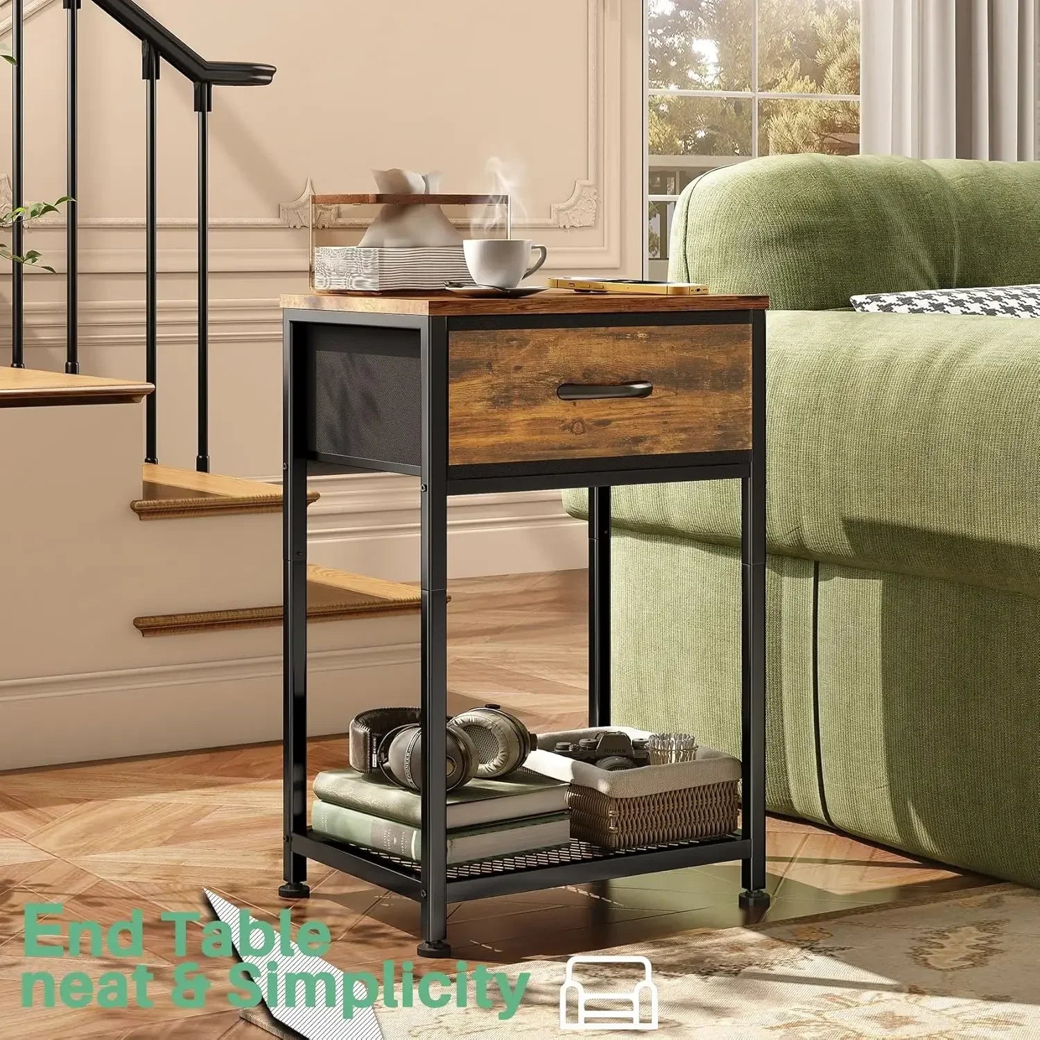 Night stands set of 2,end tables with drawer for bedroom bed side table home rustic brown wood stand - united states