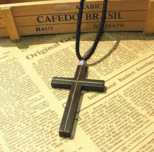 Retro artistic wooden cross nelace korean faion pendant long men’s sweater chain hanging decoration ex version - tan