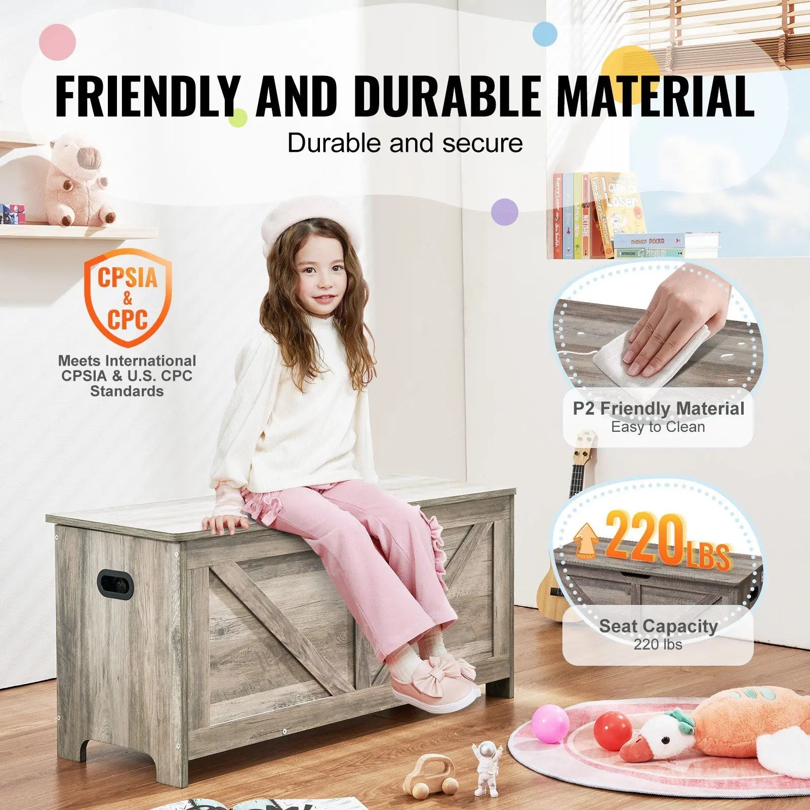 Wooden toy chest for kids toddler storage box with flip-top lid and safety hinge 38.98 x 15.55 18.9 large - united