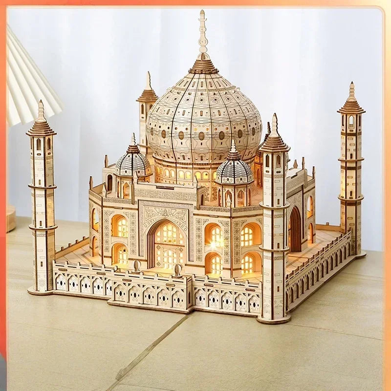 3d wooden puzzle house royal castle taj mahal with light assembly toy for kids adult diy model kits desk decoration