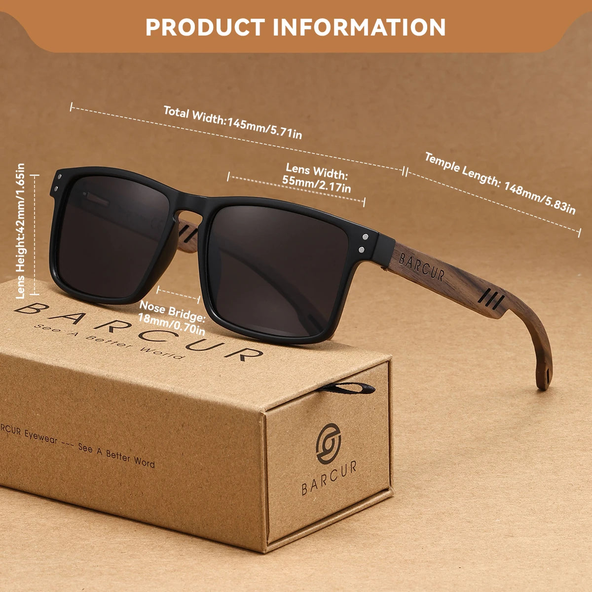 Barcur men wooden mirror foot sunglasses travel self driving beach photography polarized box frame women glasses gift