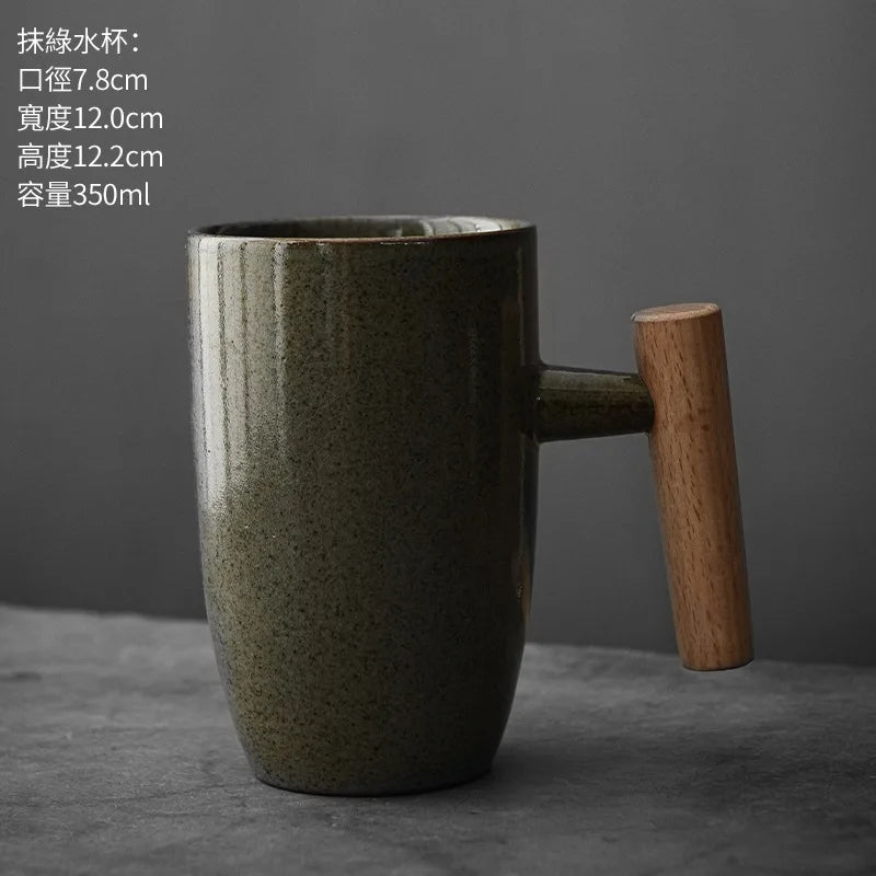 350ml creative japanese ceramic coffee cup kiln changed wooden handle latte mug large capacity water retro tea set - 02