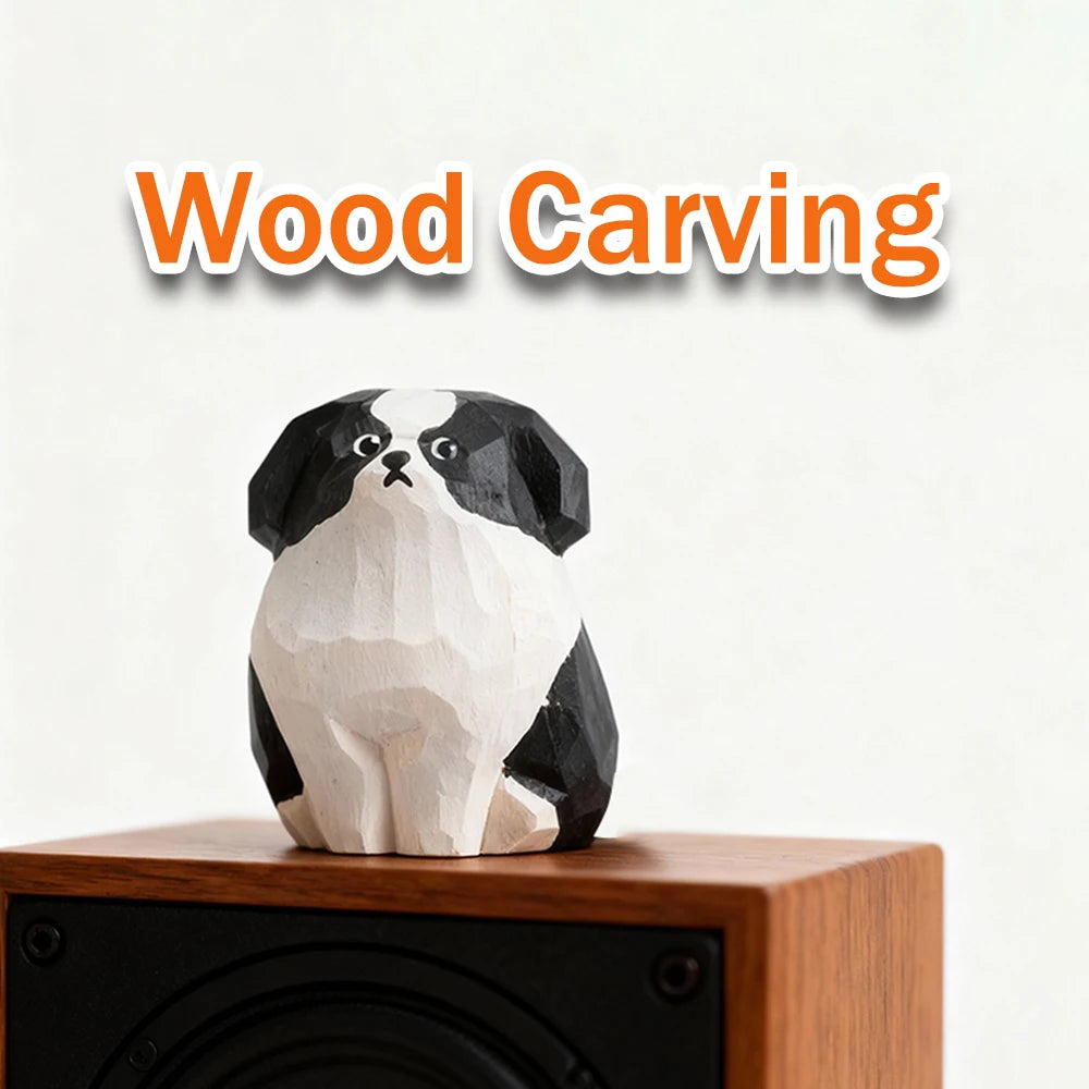 Handcrafted wood carving border collie statue dog figurines desk ornament decorations accessories animal sculpture