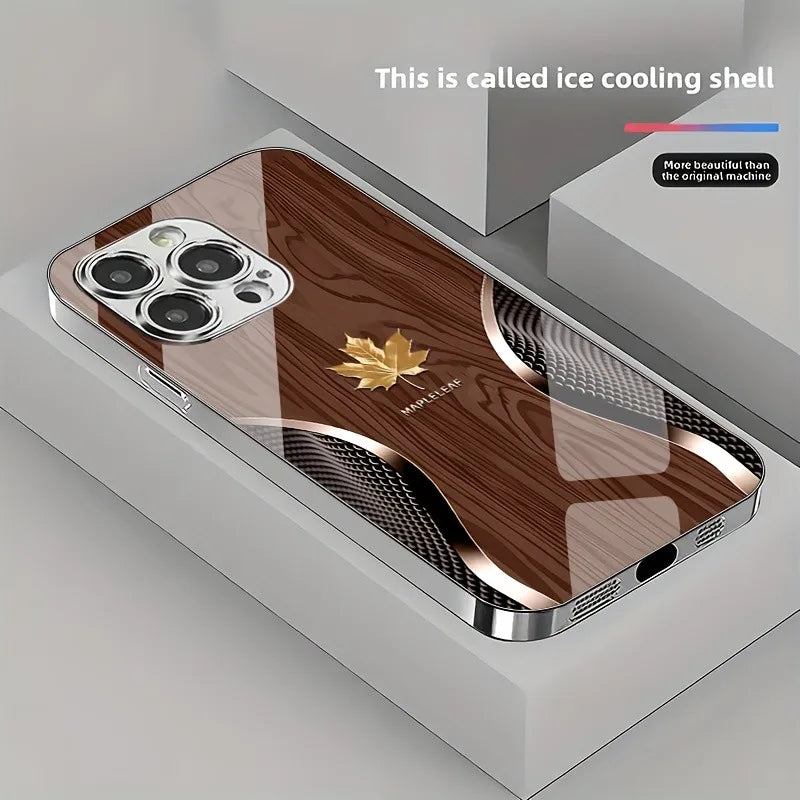 Gold maple leaf wood grain curve pattern phone case for iphone 17 16 15 14 13 12 11 pro max plus 16e air tempered glass