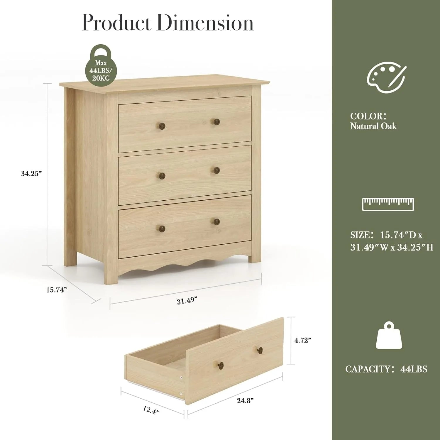 3 drawer dresser for bedroom mid century modern wooden dressers chest of drawers with handles waveform nightstand kids