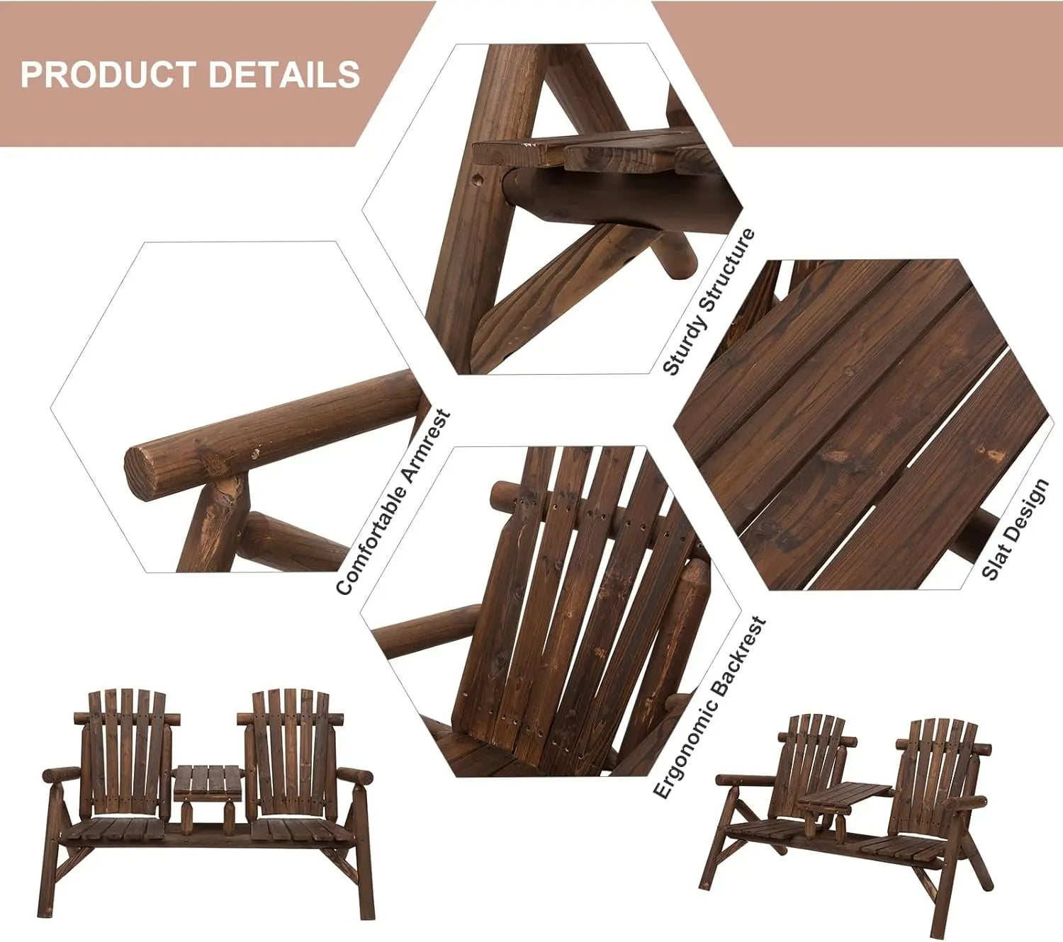 2-seat wooden adirondack chair patio bench with table outdoor loveseat fire pit for porch backyard deck carbonized