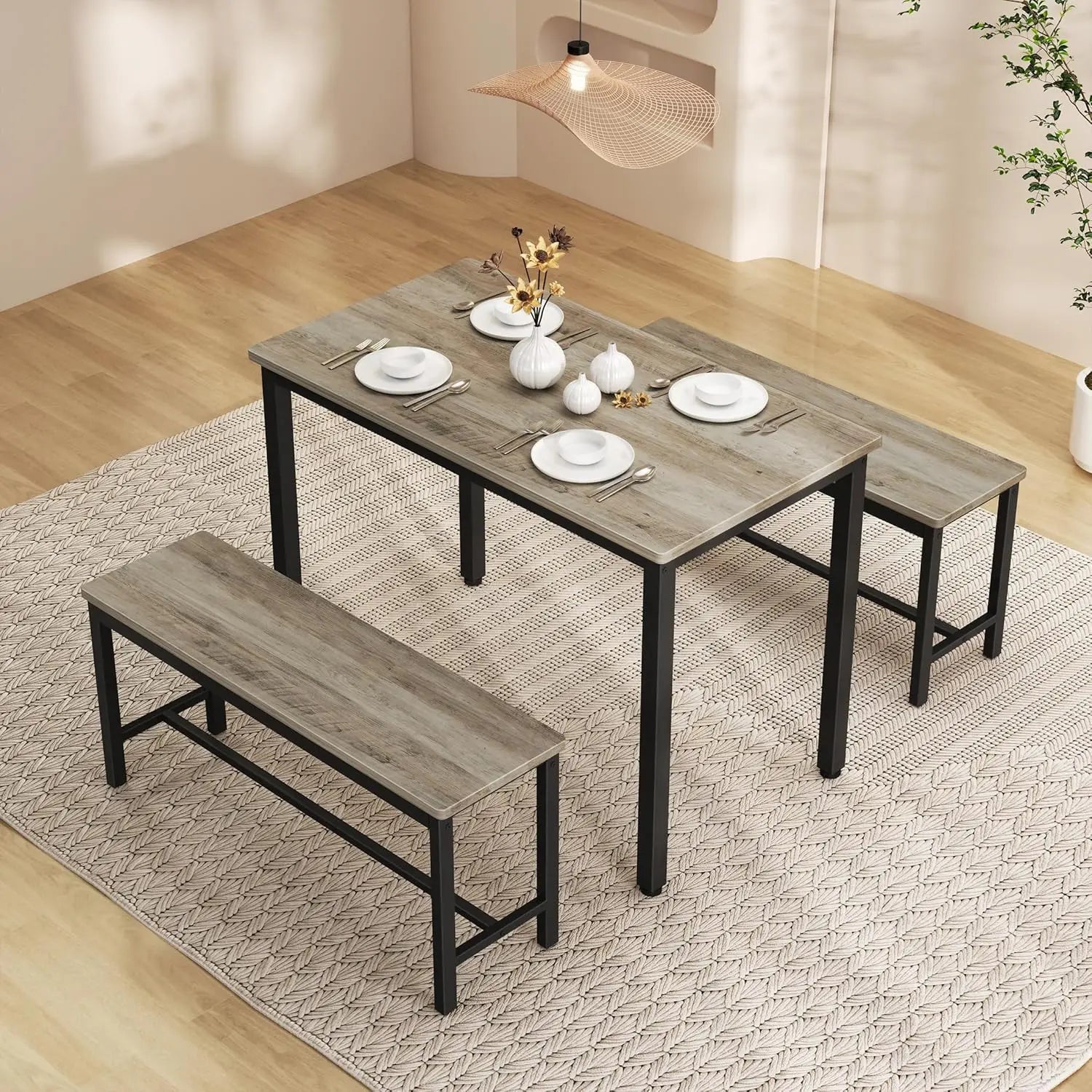 Dining table set for 4 kitchen room with 2 benches 3-piece chairs breakfast nook, - grey / united states