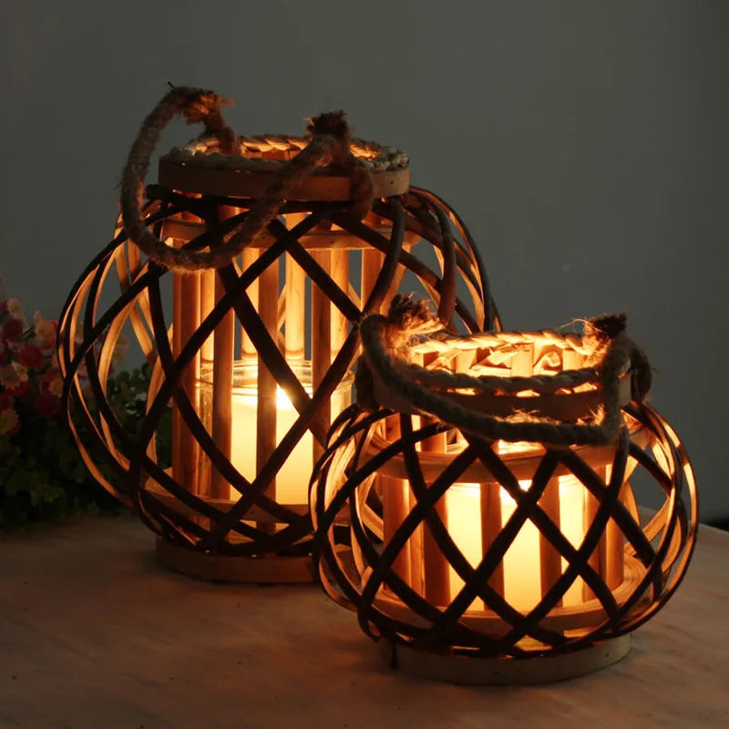 Wicker lantern electronic candle holder hanging windproof crafts festival home decor round wedding vintage wooden