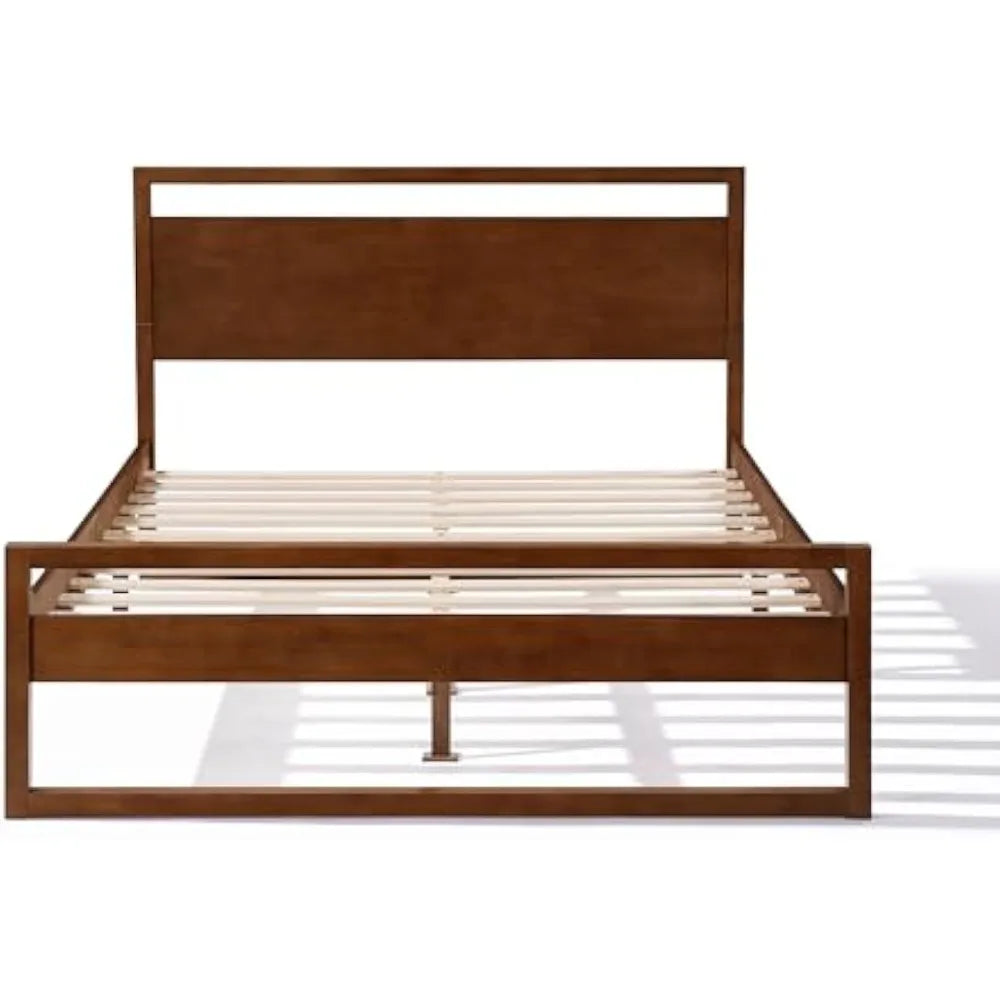 Retro-style wooden queen bed frame with headboard and slat support - walnut brown / united states