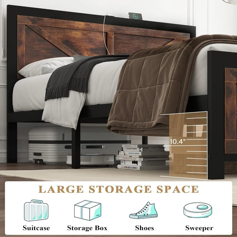 Led bed frame king size with charging station industrial platform rustic barn door wood headboard strong metal