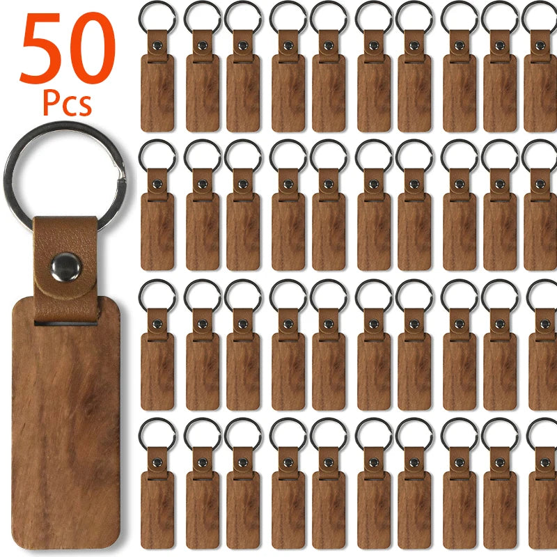 50pcs rectangular wood keychains blank pu leather keyrings pendant key chain - wood