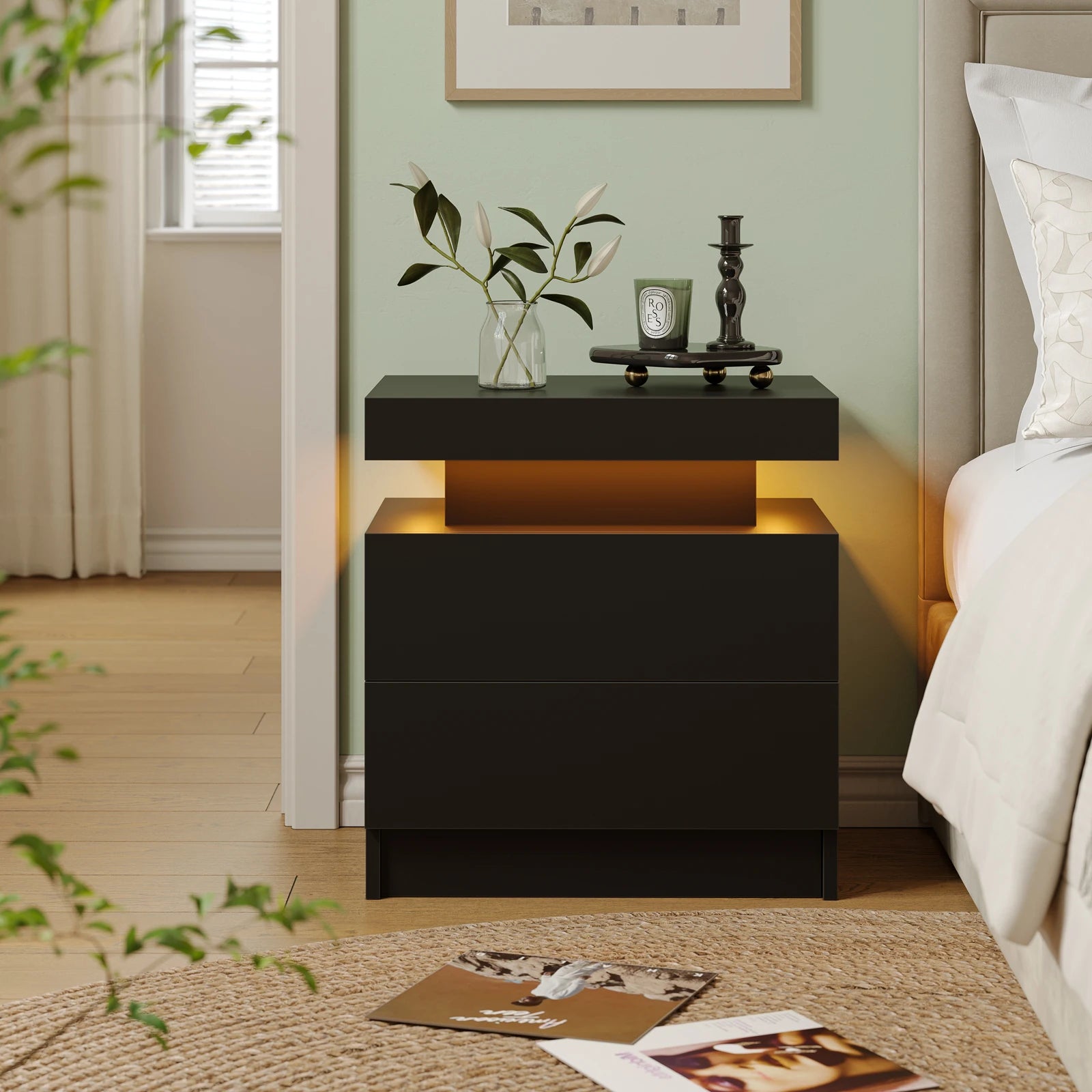 Cubehom led nightstands with 2 drawers end table rgb lights for bedroom living room white bedside - black / m / united