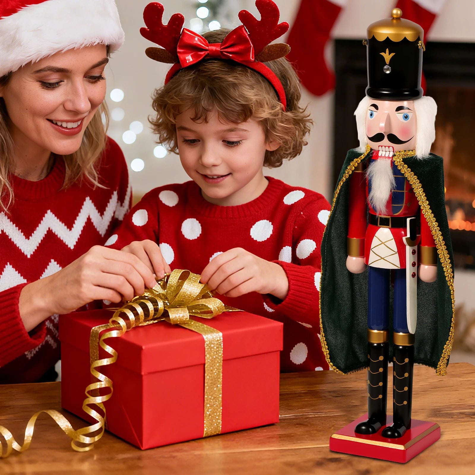 Wood nutcracker with detailed cloak 2-in-1 christmas tree ornament and standalone desktop toy for holiday decorating