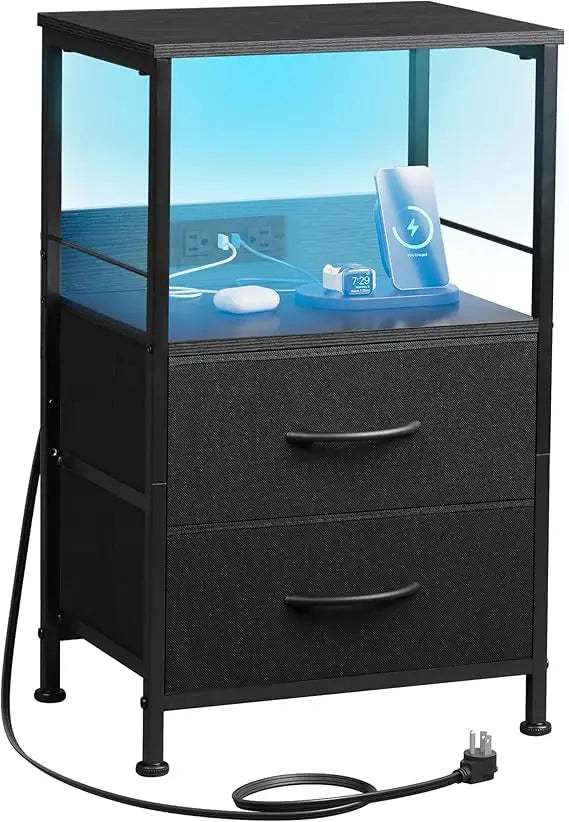 Night stand with charger station black nightstand 2 fabric drawers and storage shelf led bedside table bedroom small en