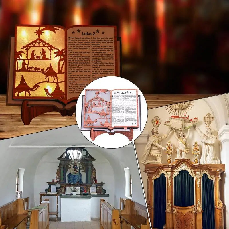 Christmas nativity scene figurine wood stand book bible with led light wooden home creative art craft festive