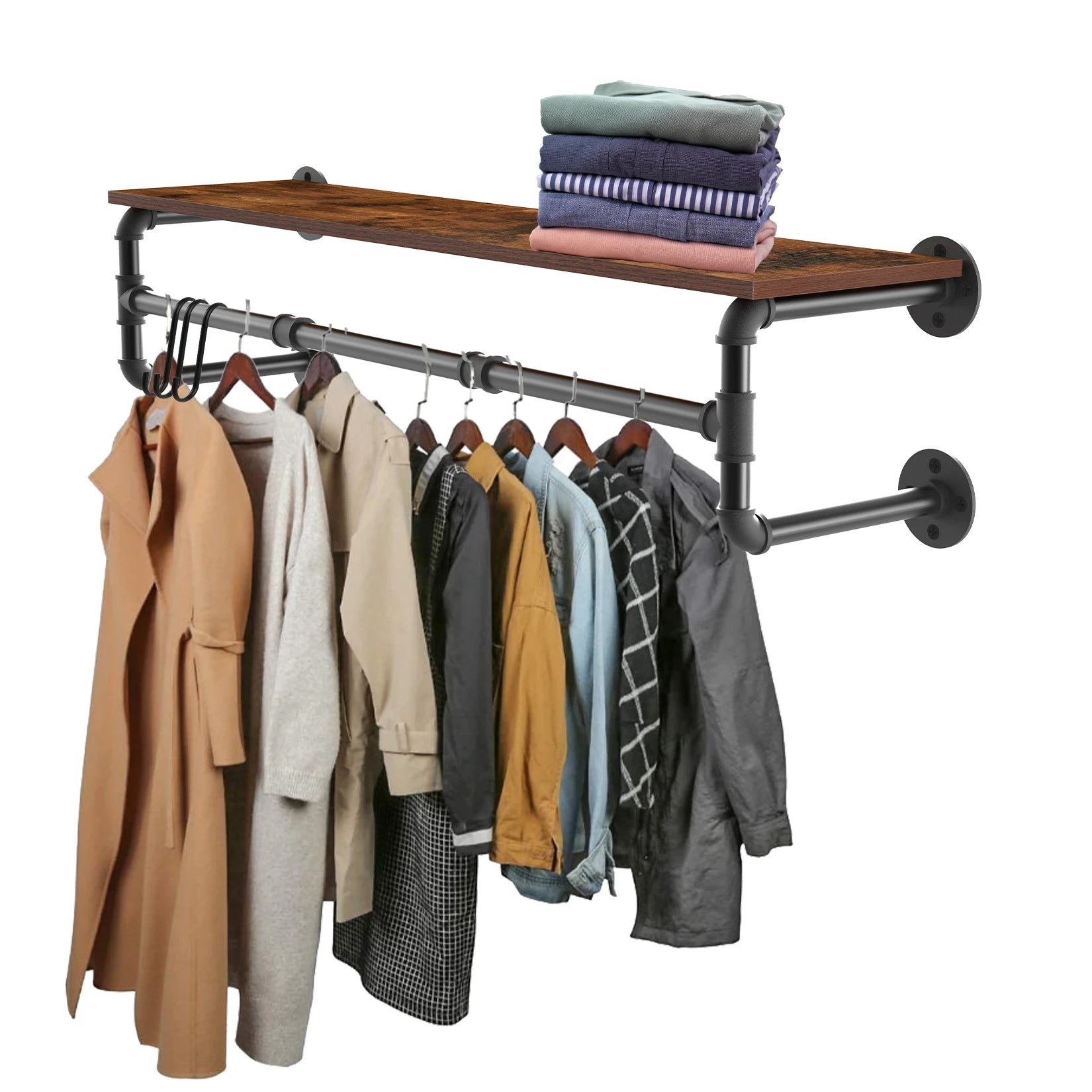 Industrial pipe clothing rack wall mounted wood shelf shelving floating shelves retail garment display racks - brown
