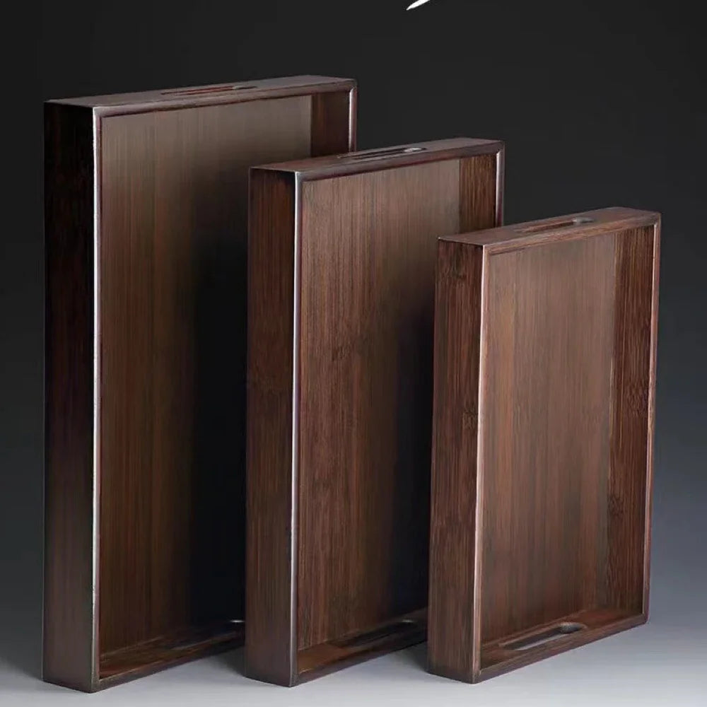 Retro bamboo wooden rectangular storage trays hotel dessert dinner bread fruit food plate with handle home kitchen tray