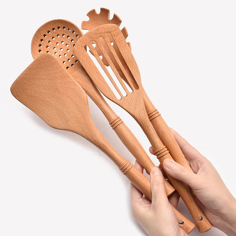 7pcs wood kitchen utensils set with bamboo joint design nature wooden spaghetti spoons wok spatula for cooking