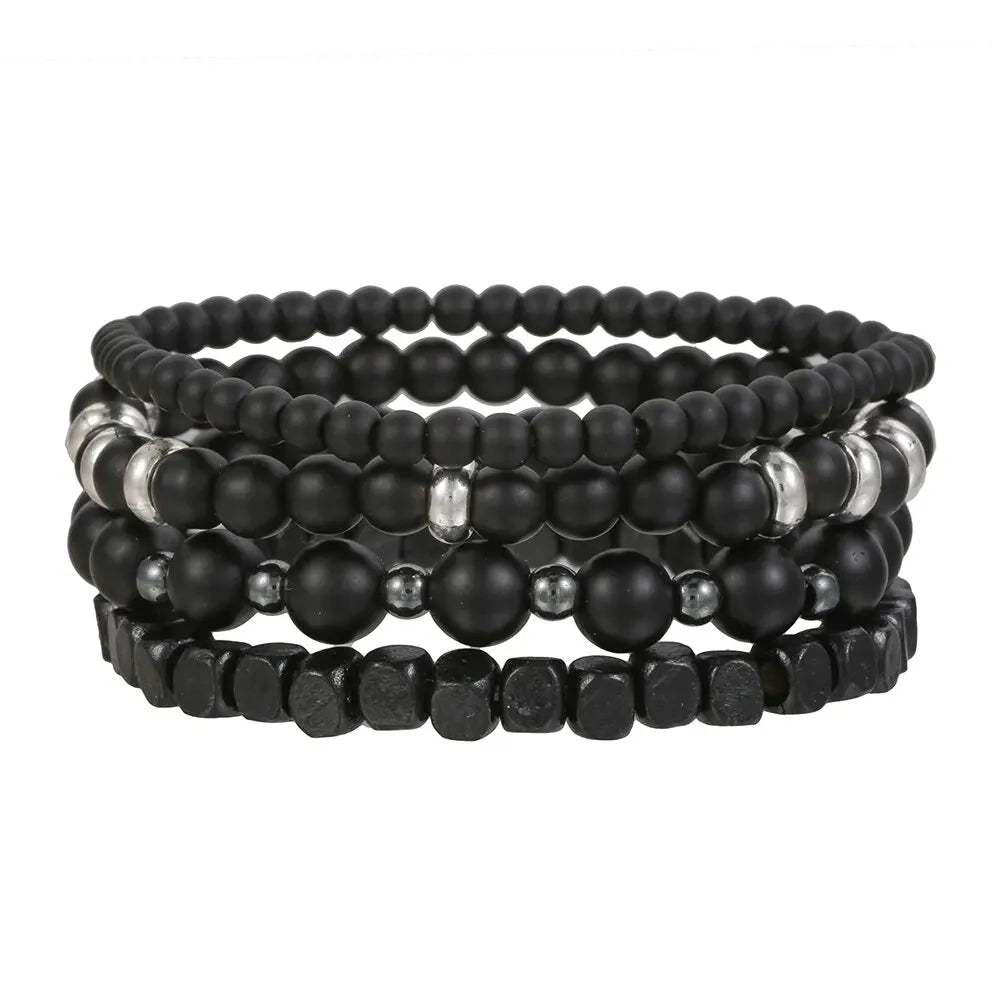 4pcs/set black gall stone volcanic wood beads multi-layer men’s combination elastic bracelet for couple friends jewelry