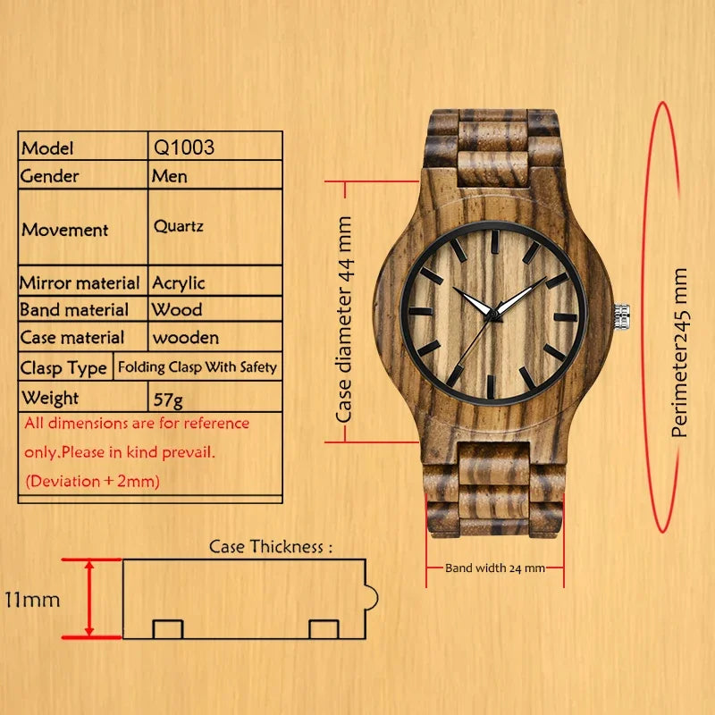 Luxury bamboo quartz watch for men natural wood case and strap analog display ideal gift - q1003