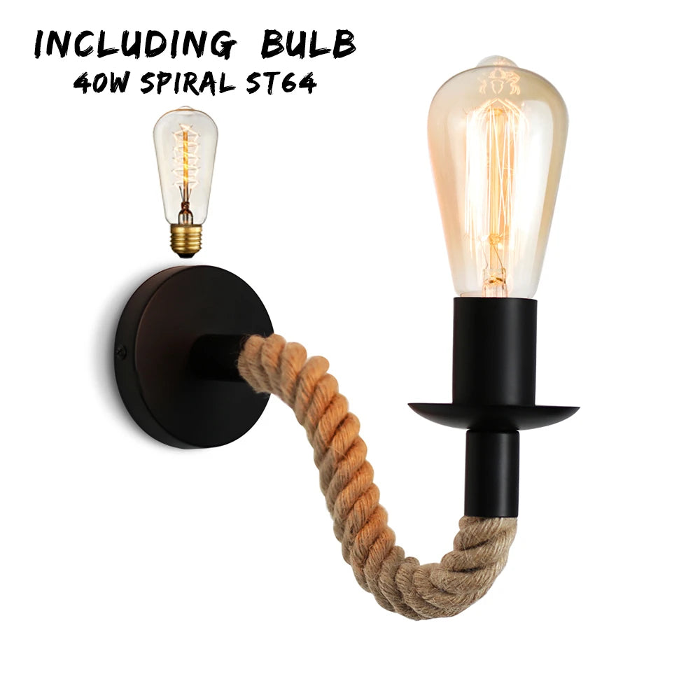 Hemp rope wall lamps 85v-265v garden light retro wooden kinkiety na sciane home decor sconse for living room - 03