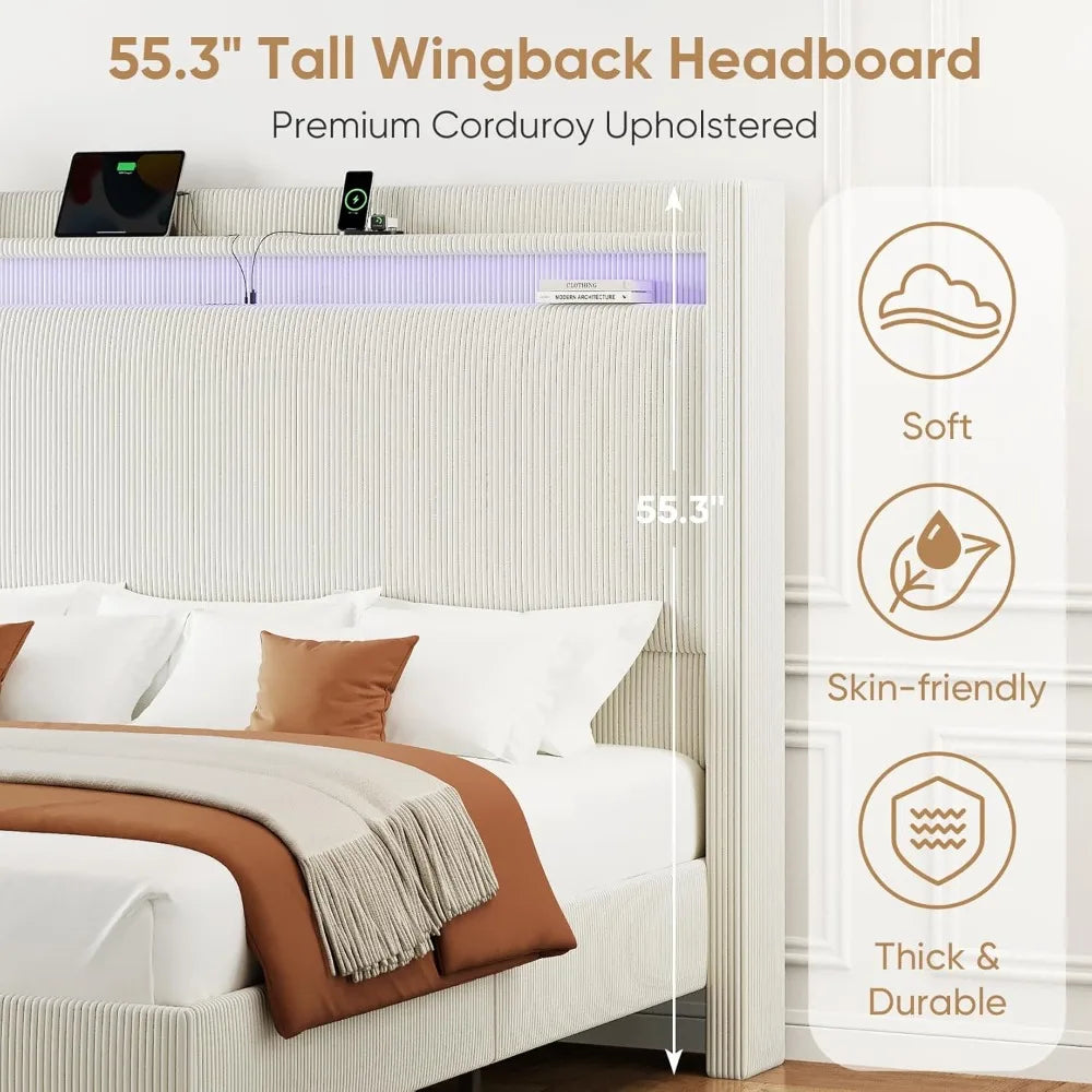 King size upholstered platform bed frame with tall headboard 55.3’’ corduroy led lighted charging station - cream