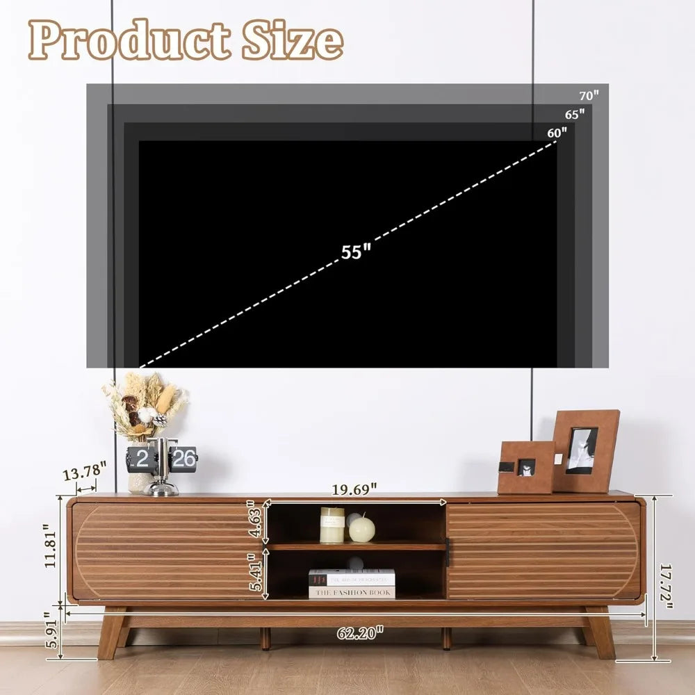 Mid century modern tv stand for 55/60/65 inch 62’’ console table with fluted sliding doors entertainment center