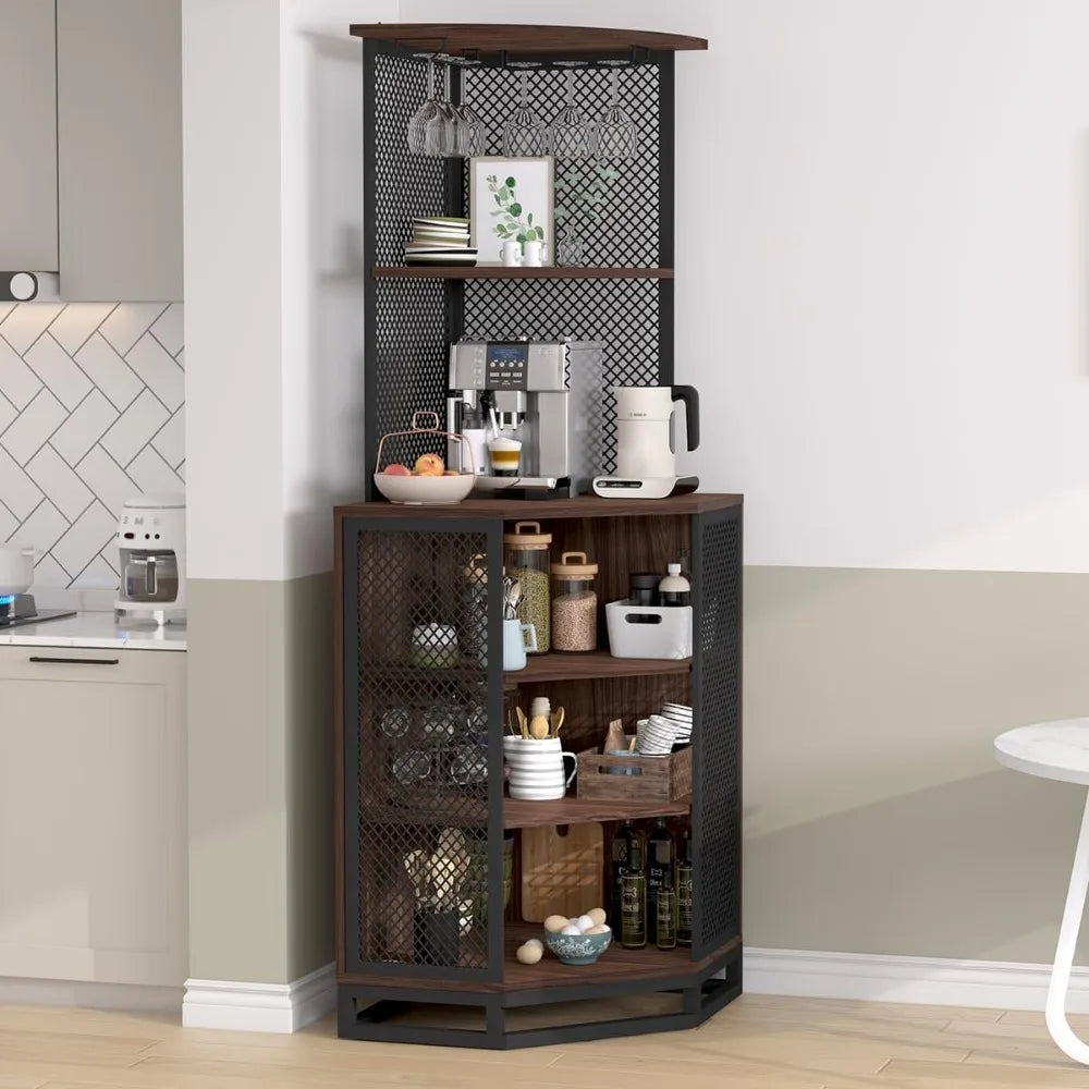 Tall corner bar cabinet large wood and metal liquor with wine rack adjustble shelf storage,