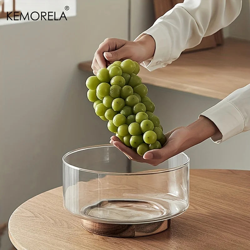 Glass fruit bowl creative large salad wood base snacks popcorn nuts storage bowls home christmas snack container