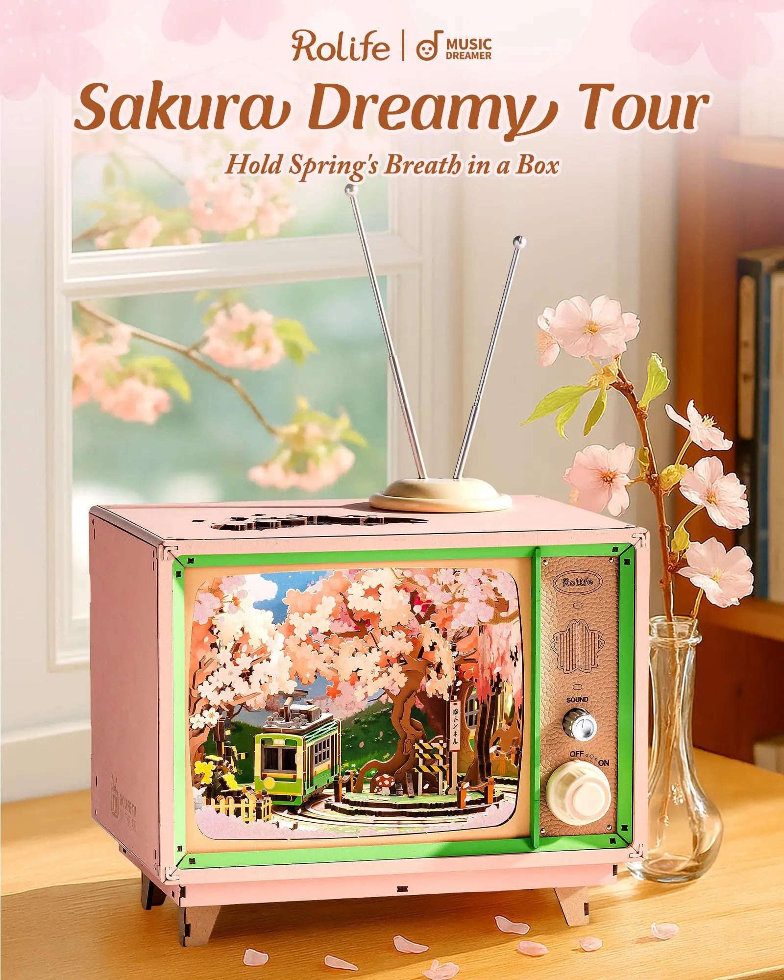 Robotime rolife sakura dreamy tour 3d wooden puzzle music box with light therapeutic home decor unique gift
