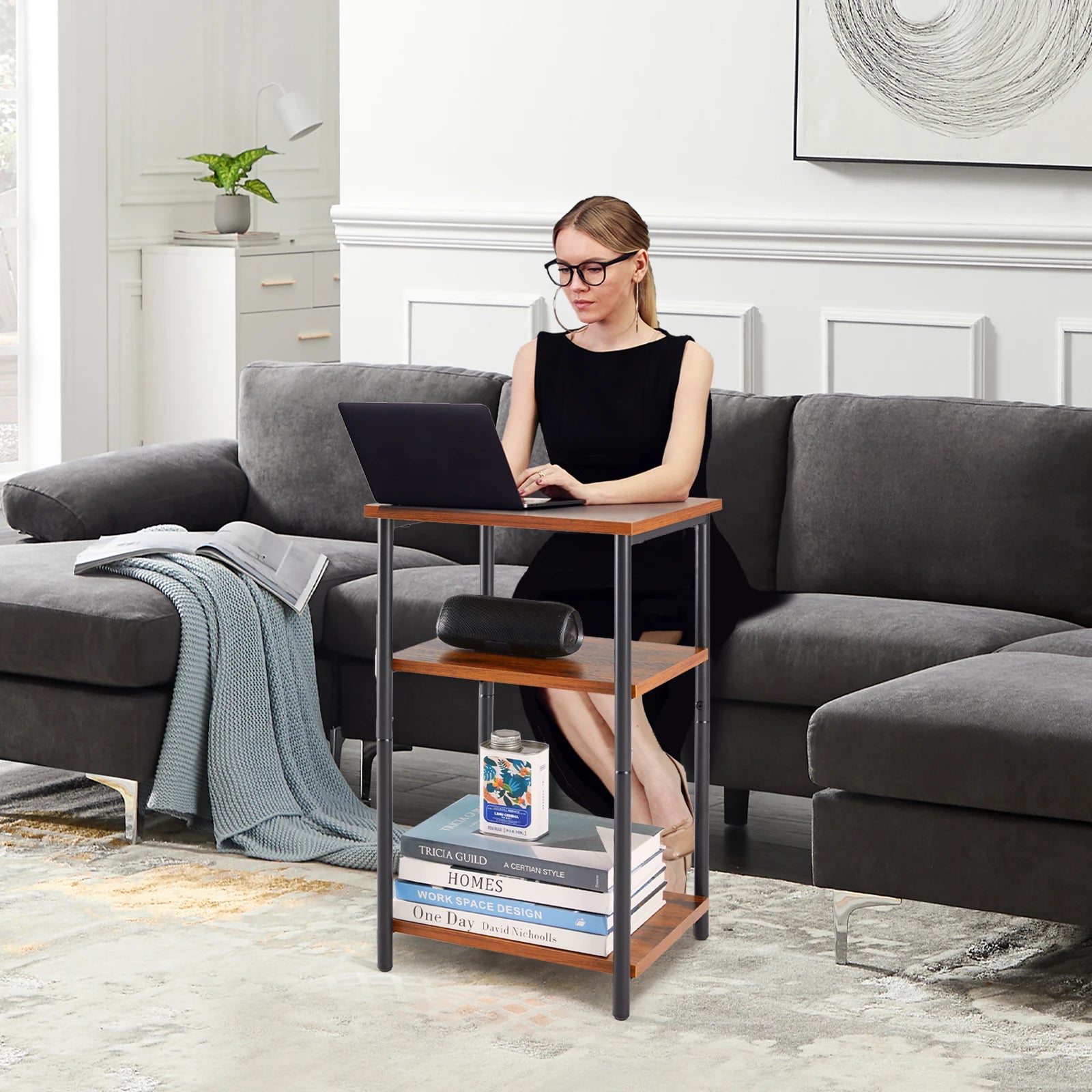 Jhk 2/3-tier end table side tables with adjustable feet small nightstand steel frame space-saving for bedroom living