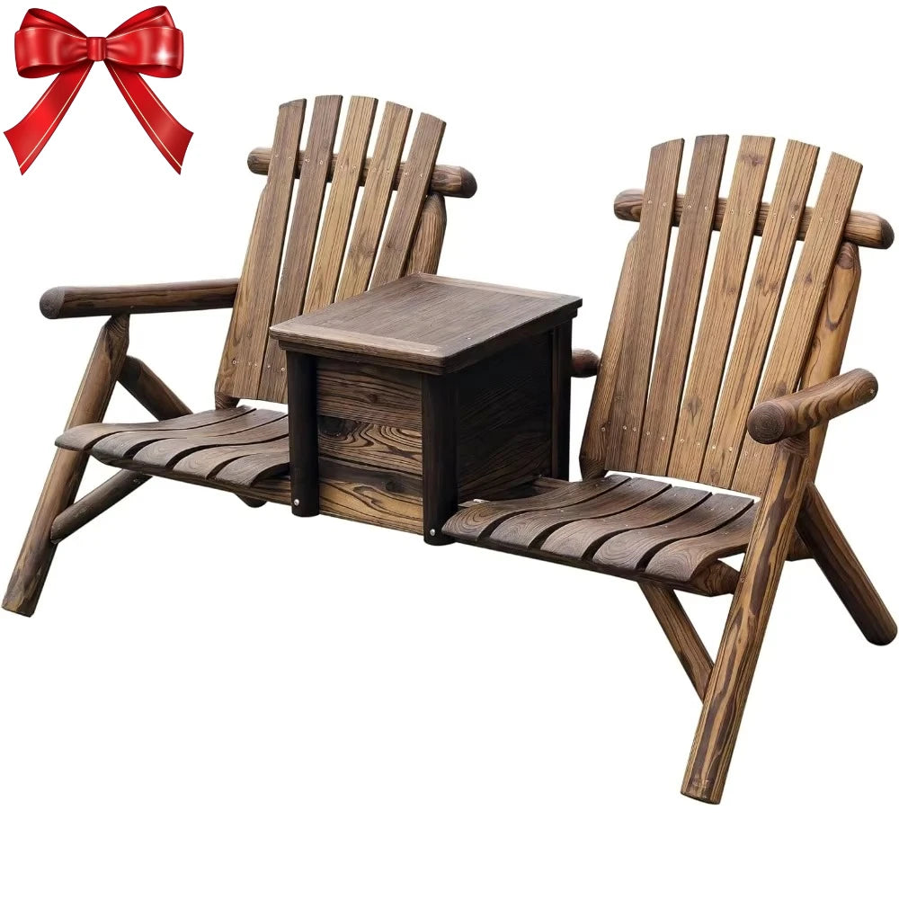 Double wooden adirondack chair with built-in ice bucket. Outdoor loveseat high backrest for patio garden & poolside.