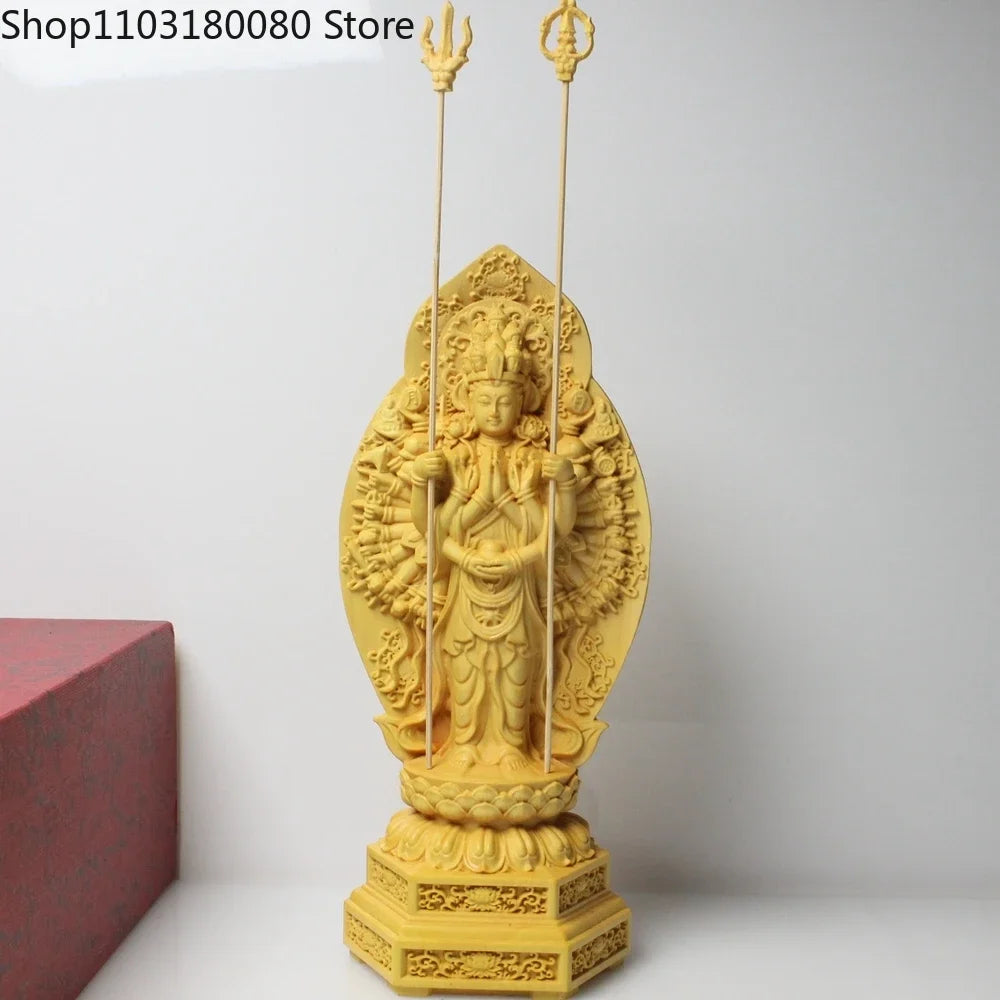 20cm boxwood carving heart sutra thousand-hand kwan-yin guanyin buddha statue large size wooden - h20cm - religious