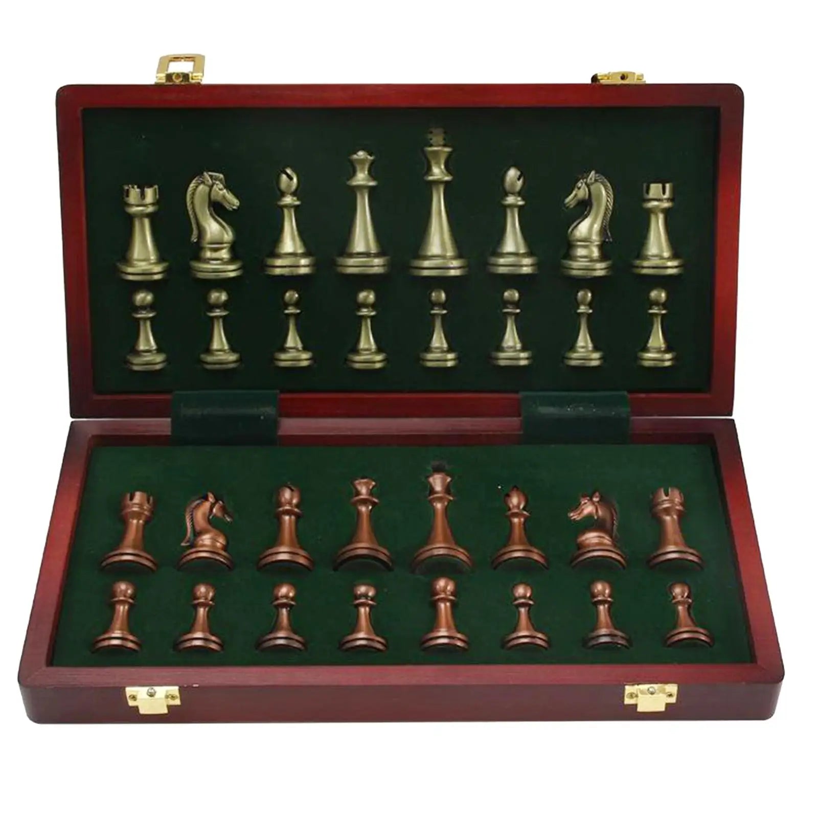 Elegant metal chess set with folding chessboard storage board