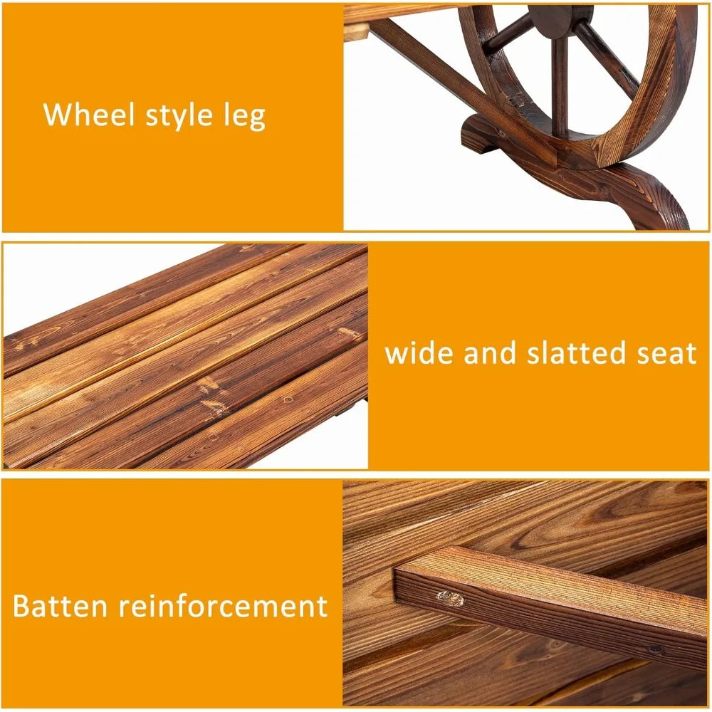 Outvita wooden garden bench outdoor rustic wagon wheel with carbonized finish & fir construction for porch backyar