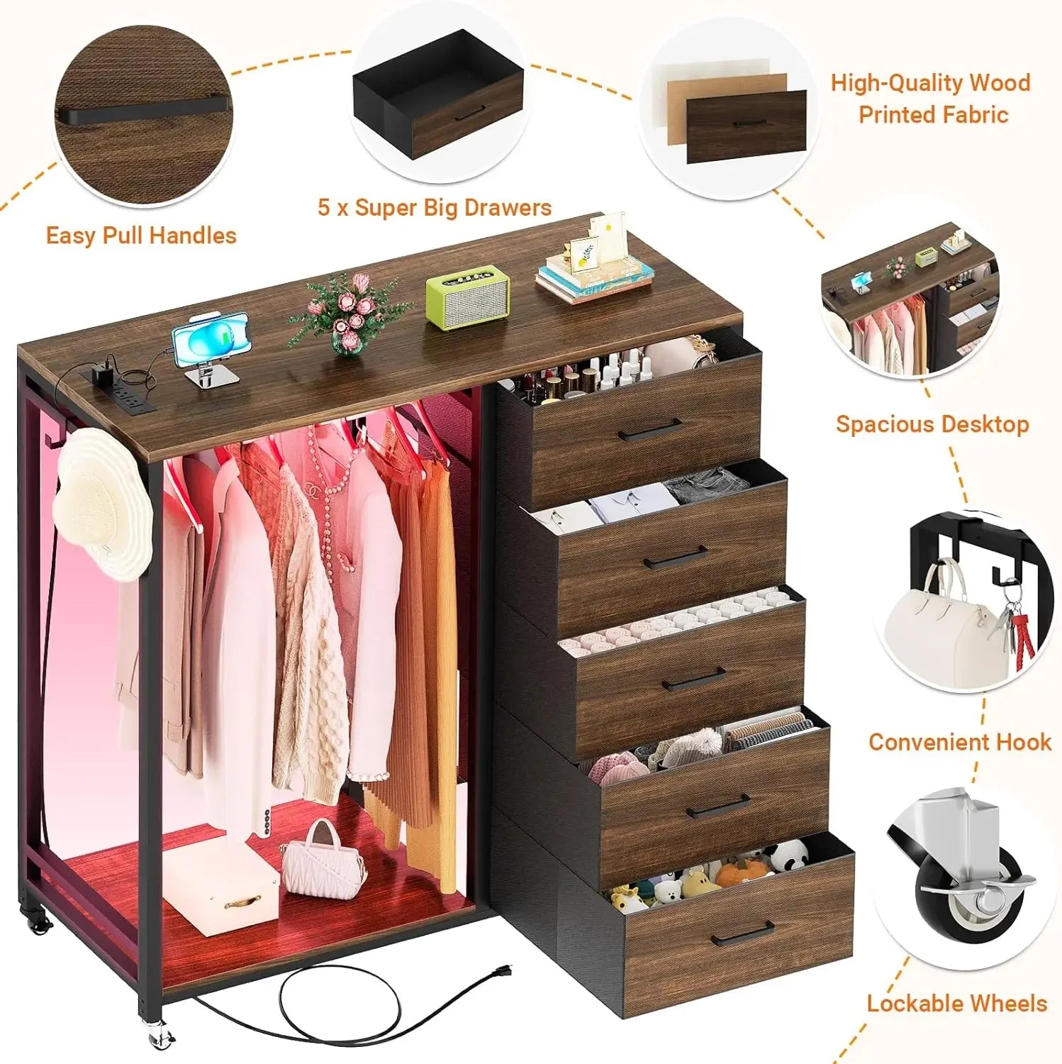Dresser for bedroom with clothes rack 5 drawers charging station & led lights storage chest of red oak - united states