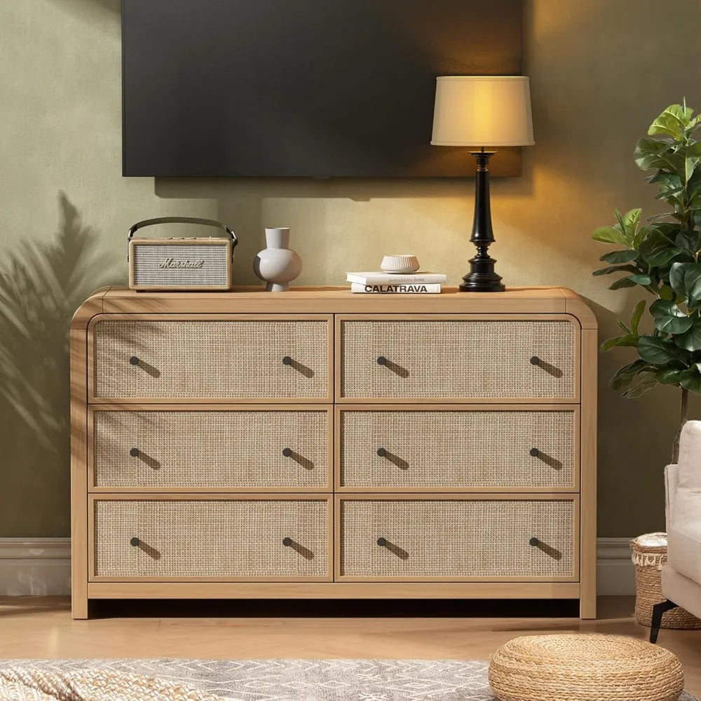 6 drawer dresser for bedroom 49’’ rattan with ample storage boho chest of drawers thickened curved profile design