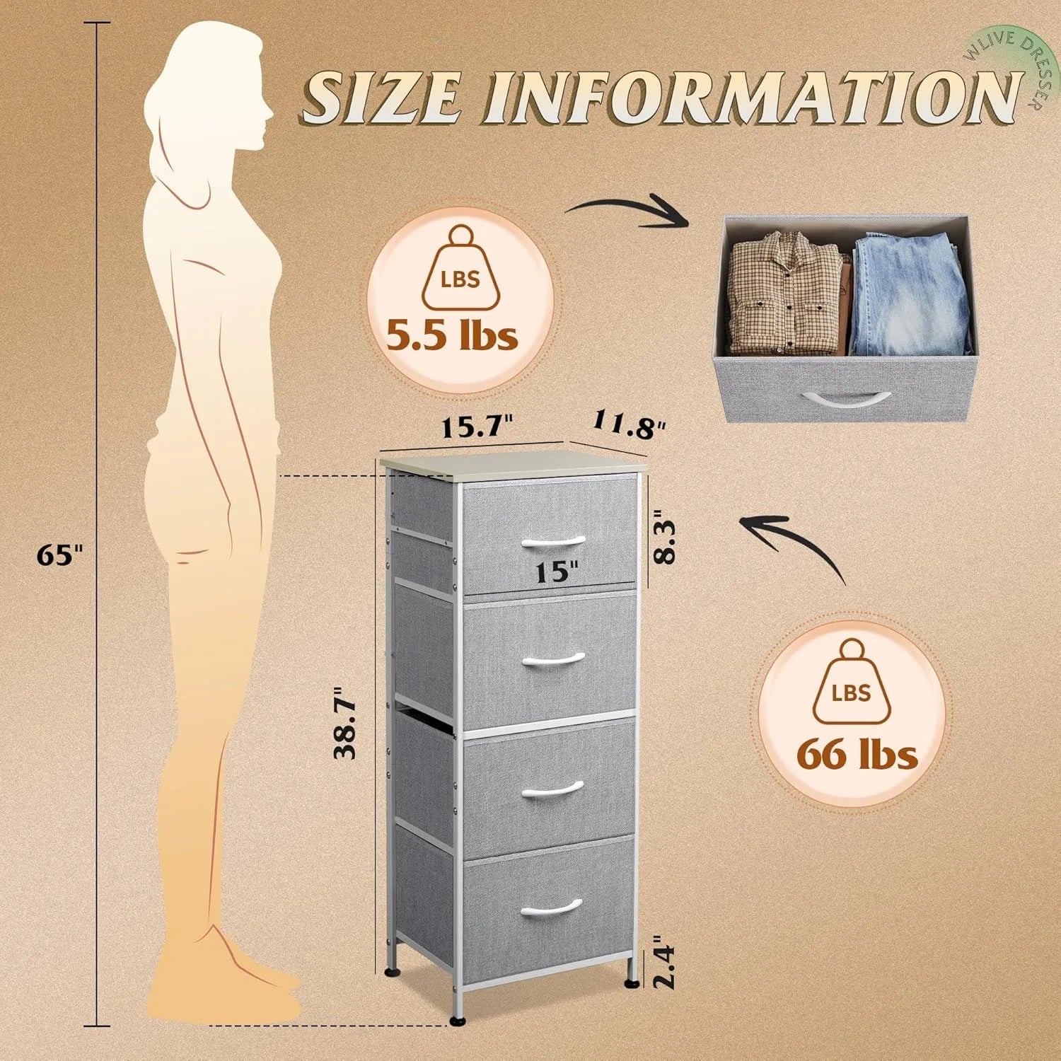 4 drawers dresser for bedroom light grey fabric clothes storage organizer unit hallway entryway wood top - gray