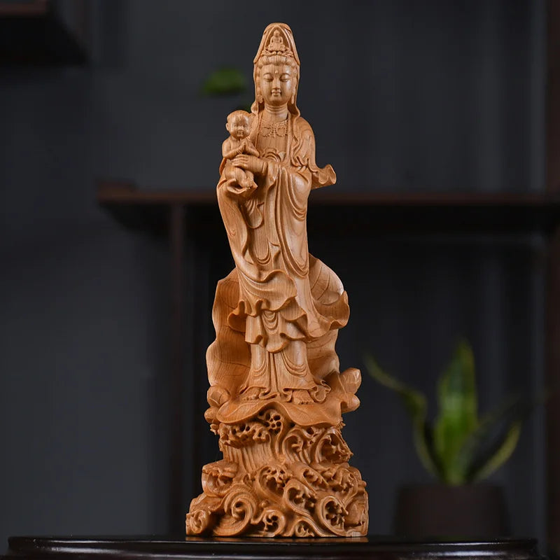 Natural cypress sending son guanyin statue - chinese buddhist character statue solid wood carving feng shui room