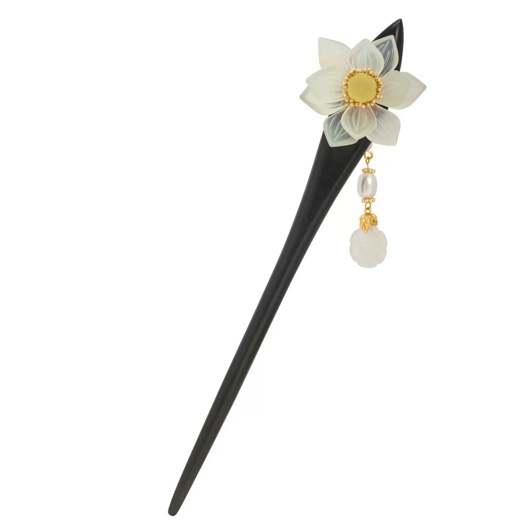 S925 pure silver women’s men hairpin retro ebony wood jade lotus flower blossom chinese style hanfu hair accessories
