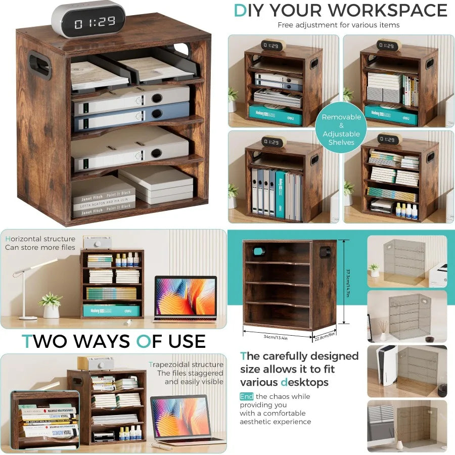 Vintage wood file organizer desktop-14.5 document letter mail tray sorter with 3 adjustable shelves wooden desk