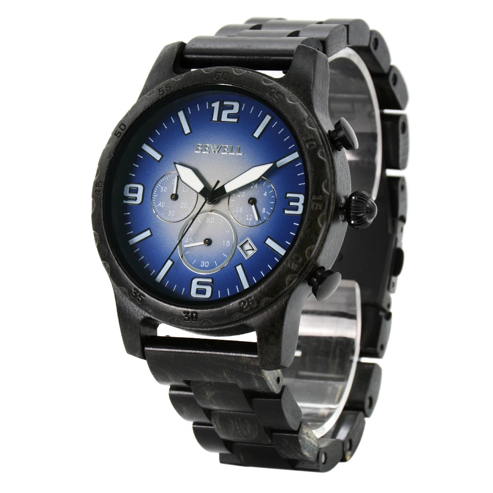 Wooden watch for men date display chronograph quartz wrist 3 sub-dials handmade light weight luminous - 189b